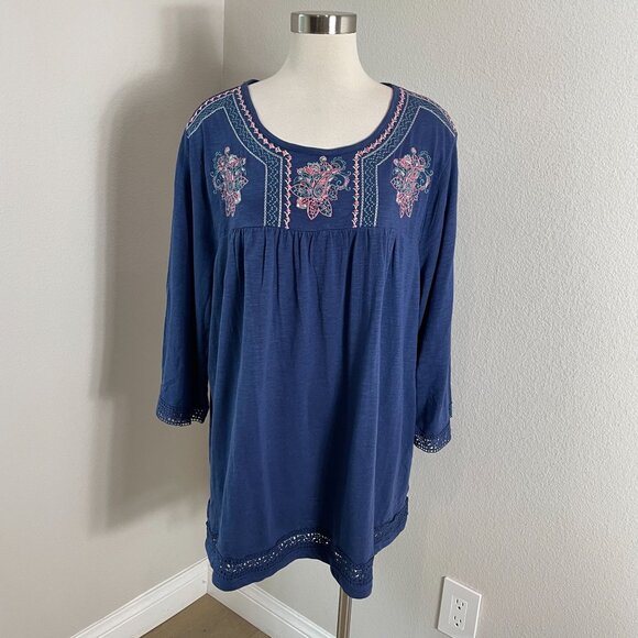 NorthStyle Womens Plus 2X Embroidered Tunic Top Blue 3/4 Sleeve Boho Shirt - Picture 1 of 11